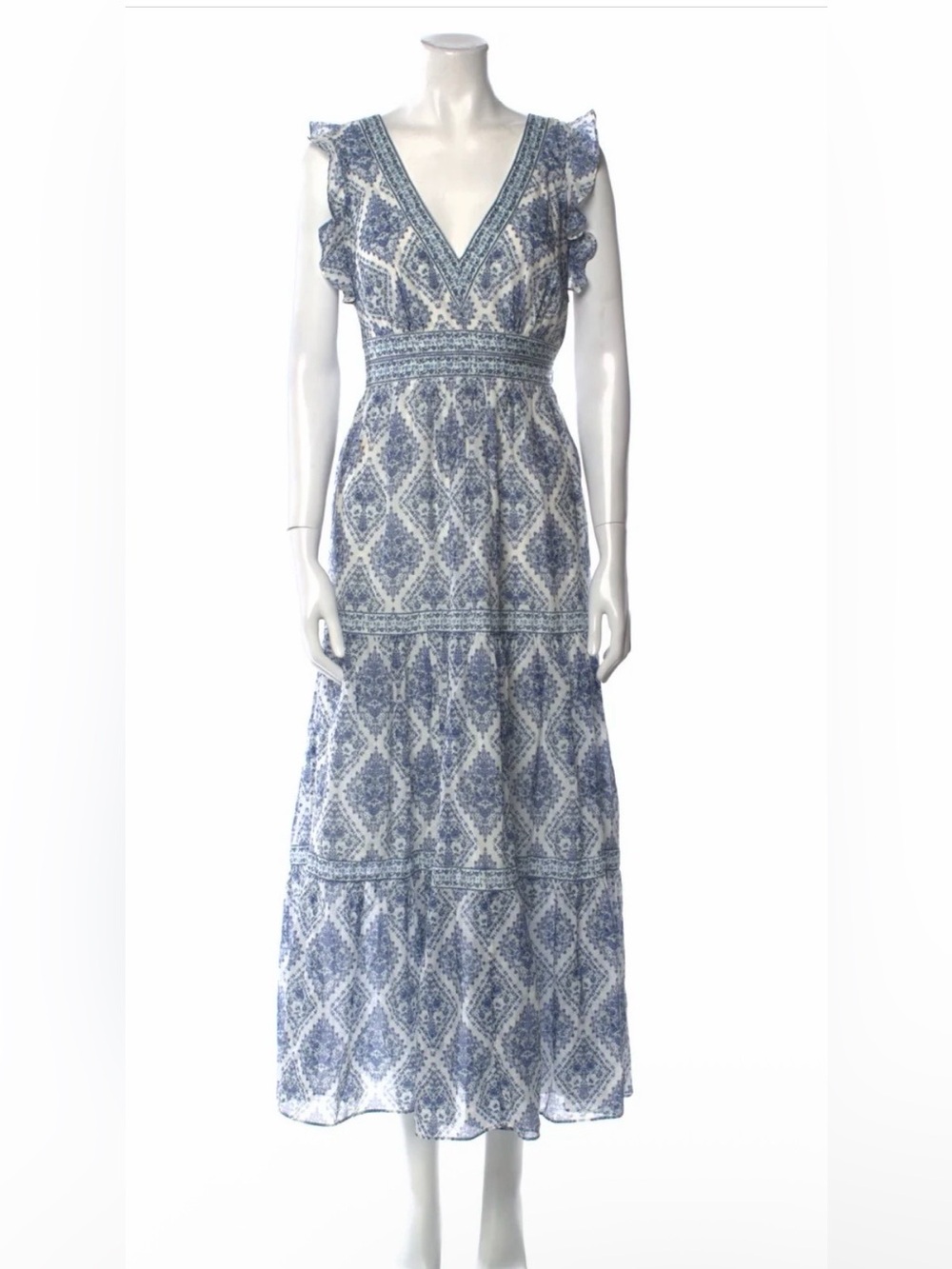 INTERMIX Blue and White Printed V-Neck Maxi Dress
